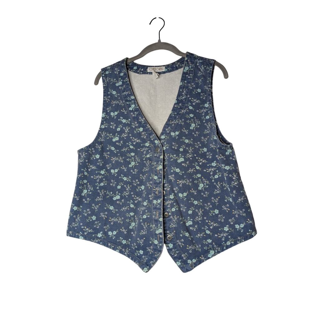 Cherokee cotton denim vest blue floral pattern vintage boho chic